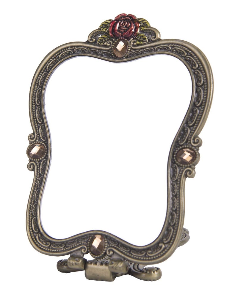 Nerien Vintage Metal Handheld Makeup Mirror with Comb - Russian Style Embossed Rose - Travel Portable Foldable Mirror - Decorative Tabletop Stand - Bronze - Image 4